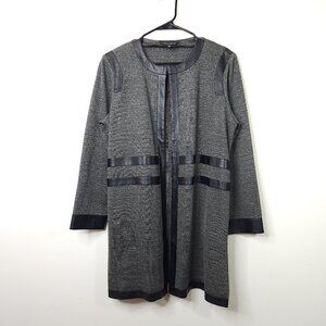 Ming Wang Black Faux Leather Trim Grey Stripe Textured Knit Cardigan Jacket L